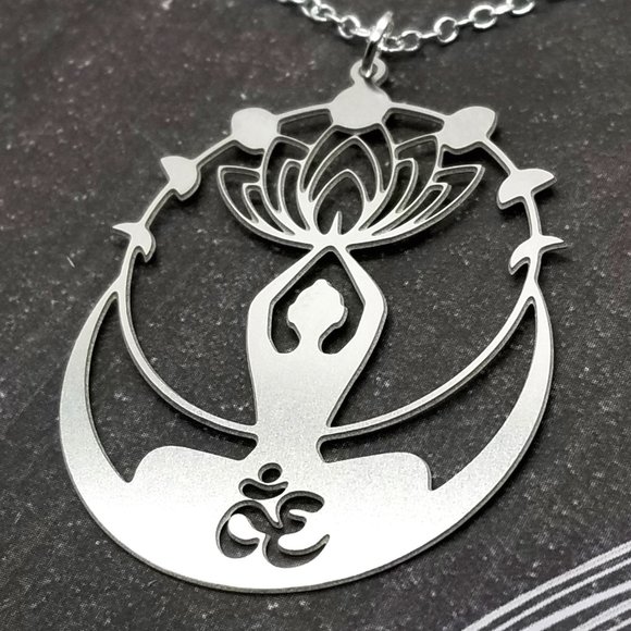 Om Buddha with Lotus & Moons Silver Necklace - Picture 3 of 3